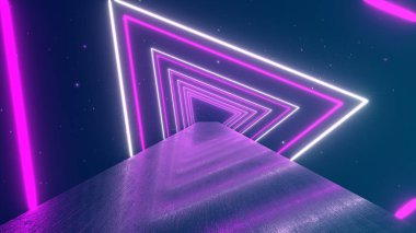 Bir tünel oluşturma parlayan dönen neon üçgenler ile uçan, mavi kırmızı pembe mor spektrum, floresan ultraviyole ışık, modern renkli aydınlatma, 3d çizim