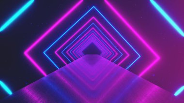 Oluşturma bir dönen tünel, mavi pembe mor spektrum, floresan ultraviyole ışık, modern renkli aydınlatma, 3d illüstrasyon parlak neon soyut hareket geometrik arka plan kareler