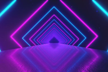 Oluşturma bir dönen tünel, mavi pembe mor spektrum, floresan ultraviyole ışık, modern renkli aydınlatma, 3d illüstrasyon parlak neon soyut hareket geometrik arka plan kareler