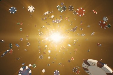 Casino uçan kamera üzerinde bir renkli arka plan 3d çizim ışık ışınları ile cips