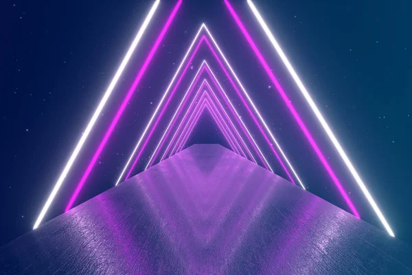 Flying Glowing Rotating Neon Triangles Creating Tunnel Blue Red Pink — Stock Photo, Image