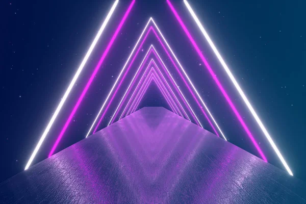 Bir tünel oluşturma parlayan dönen neon üçgenler ile uçan, mavi kırmızı pembe mor spektrum, floresan ultraviyole ışık, modern renkli aydınlatma, 3d çizim