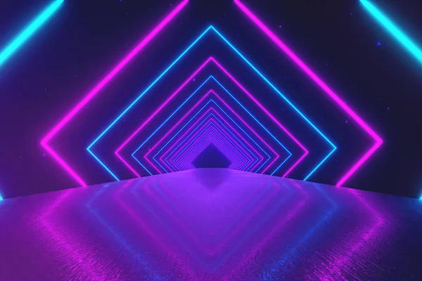 正方形の抽象化された運動幾何学的背景には ネオンの輝く回転トンネル 青ピンク紫のスペクトル 蛍光紫外線 カラフルなモダンな照明 図を作成します — ストック写真