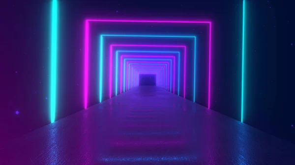 Geometrické Pozadí Abstraktní Pohybu Zářící Neon Čtverečky Vytváří Rotující Tunel — Stock fotografie