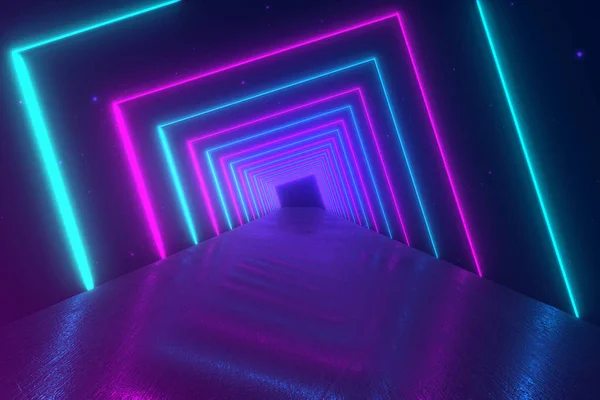 Fundal Geometric Mișcare Abstractă Pătrate Strălucitoare Neon Care Creează Tunel — Fotografie, imagine de stoc