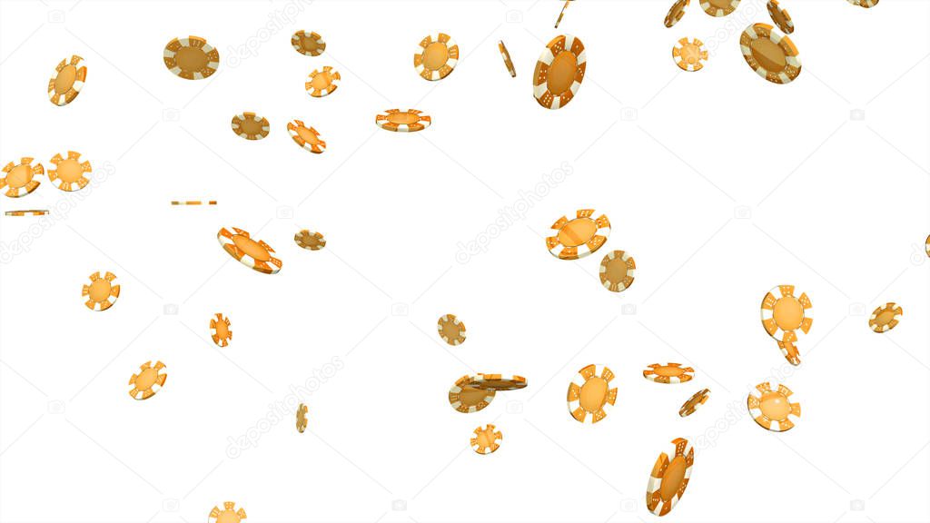 Falling gold casino chips on white background 3d illustration