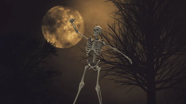 Dancing Skeleton Background Full Moon Night Sky Moon Light Clouds — Stock Photo, Image