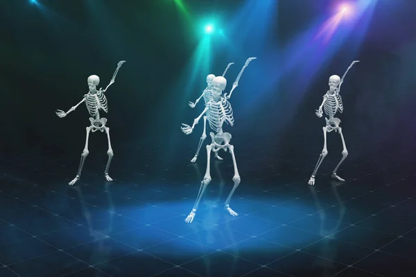 Three Dancing Skeleton in Smoke on a bright blinking scene, 3d illustration