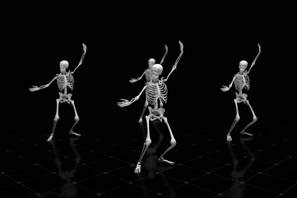 Drie Dansende Skeletten Een Geïsoleerde Zwarte Achtergrond Met Reflecterende Vloer — Stockfoto