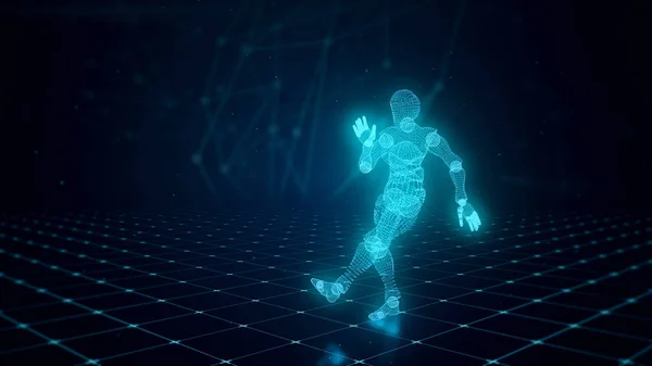 Dancing Blue Character Luminous Artificial Intelligence Polygons Floor Grid Technological — Stockfoto