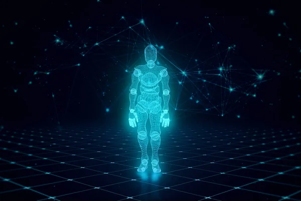 Dancing Blue Character Luminous Artificial Intelligence Polygons Floor Grid Technological — Stockfoto