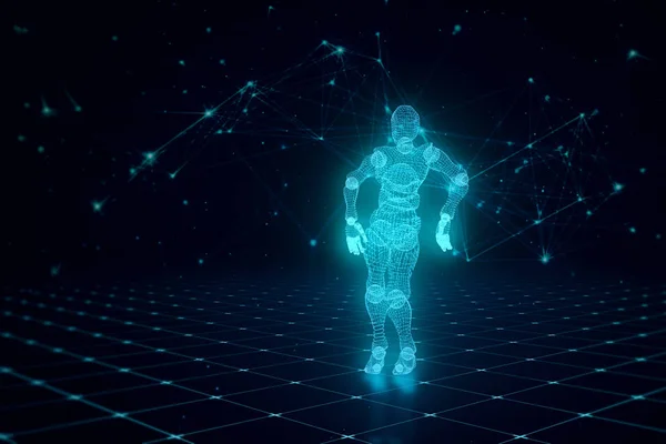 Танцующий Синий Персонаж Светящийся Искусственным Интеллектом Полимеров Полу Сетки Технологическом — стоковое фото