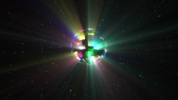 Rotation Illustration Une Boule Disco Multicolore Colorée Avec Particules Rayons — Photo