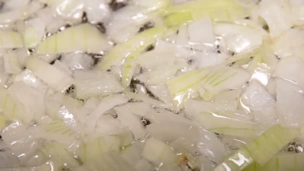 Γκρο πλαν κρεμμύδι τηγάνισμα σε ένα τηγάνι το λάδι σε αργή κίνηση — Αρχείο Βίντεο