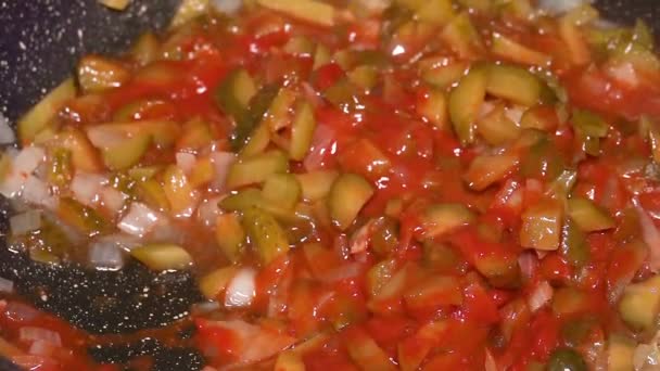 Cucumbers, tomato paste, onion, roasting pickles for pickle soup — Stock Video