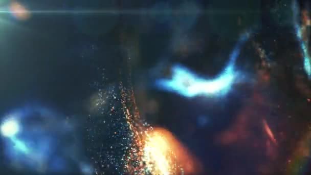 Abstrakt bakgrund av partiklar och vätskor av orange och blå interagerar med varandra — Stockvideo