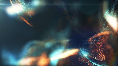 Parçacıklar ve sıvı turuncu ve birbirleri ile etkileşim 3d illüstrasyon mavi arka plan