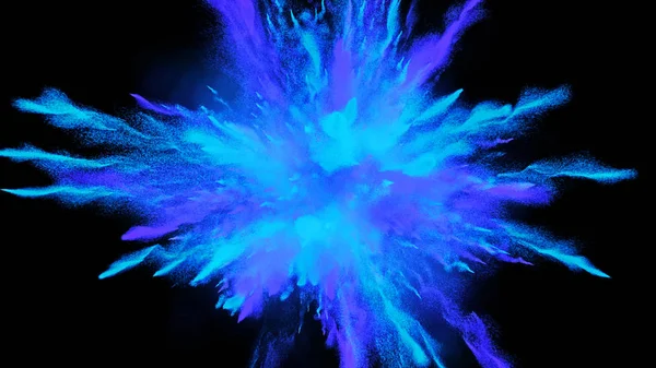 粉末爆炸的例证以蓝色和紫色颜色在黑色背景 在开始时加速的慢动作运动 — 图库照片
