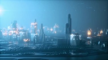 Çağdaş binalar. Mavi renk 3d animasyon. İnşaat ve teknoloji kavramı.