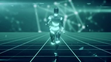 Bir bilim-kurgu ızgara yüzeyi ile çalışan bir futuristik insansı robot. Sorunsuz döngü 3d animasyon.