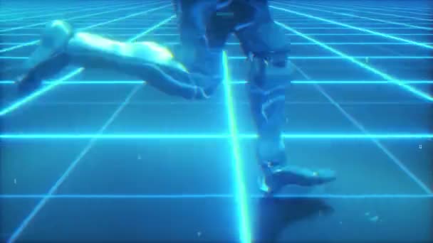 Un robot umanoide futuristico, che attraversa una superficie della griglia fantascientifica. loop senza soluzione di continuità animazione 3d . — Video Stock