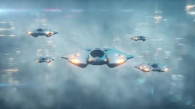 Fütüristik 3d sahne, sis teknoloji şehirde uçakta uçuş