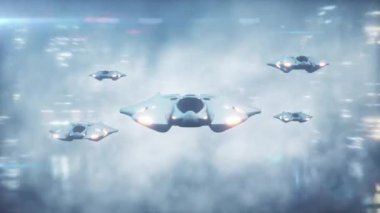 Fütüristik 3d sahne, sis teknoloji şehirde uçakta uçuş