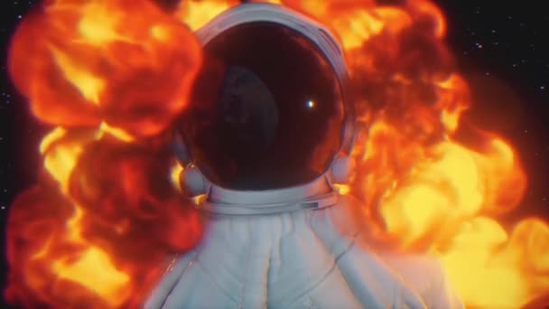 Fantastisk eld explosion, kuvertering astronaut i rymden, en olycka på en rymdfarkost, planeten jorden återspeglas i rymddräkter hjälmen. Filmiska slowmotion-video 4k — Stockvideo