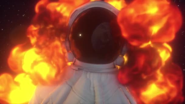 Explosão de fogo fantástica, envolvendo astronauta no espaço, um acidente em uma nave espacial, o planeta Terra é refletido no capacete dos trajes espaciais. Vídeo cinematográfico em câmera lenta 4k — Vídeo de Stock