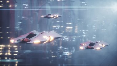 Fütüristik 3d çizim, sis teknoloji şehirde uçakta uçuş