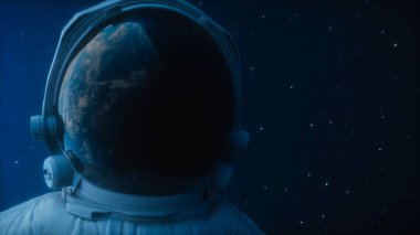 Yalnız bir astronot yörüngede, uzayda Dünya gezegeni bakar, Dünya gezegeni bir uzay giysisi kask yansıtır. Sinematik 3d çizim alanı, seyyare yerküre ve diğer bilimsel programlarımız için