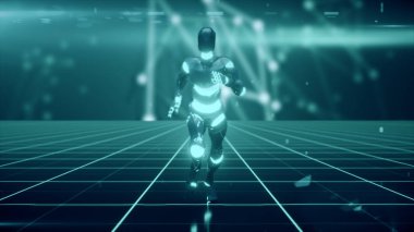 Bir bilim-kurgu ızgara yüzeyi ile çalışan bir futuristik insansı robot. 3D çizim