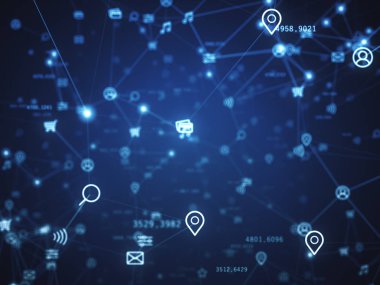 Ağ ve Internet rastgele hareketli arka plan ile ilgili şeyler. Online alışveriş, sosyal ağlar, bağlantıları, küresel bağlantıları. 3D çizim