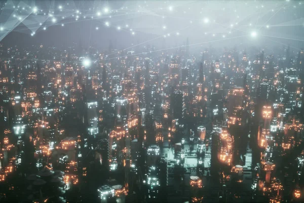 Framtidsstaden Natten Dimman Staden Framtidens Täckt Med Ett Rutnät Anslutningar — Stockfoto