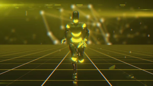 一个未来派的人形机器人 穿过科幻网格表面 — 图库照片