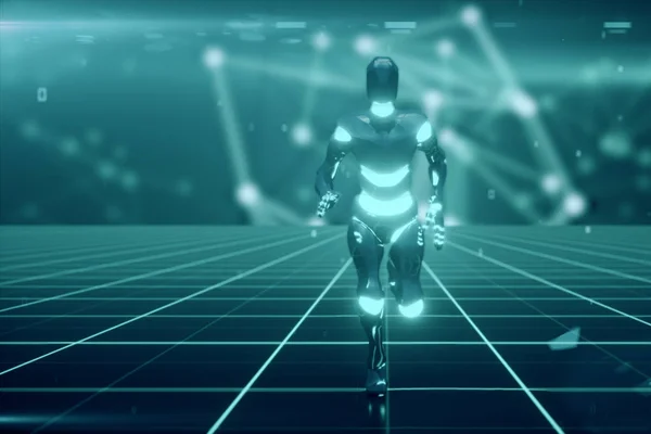 A futuristic humanoid robot, running through a sci-fi grid surface. 3d illustration