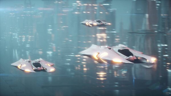 Футуристическая 3D иллюстрация, полет самолета по технологическому городу в тумане
