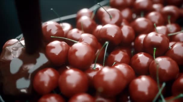 Stunning realistic animation of pouring liquid chocolate on cherrychocolate on cherry in slow motion — Stock Video