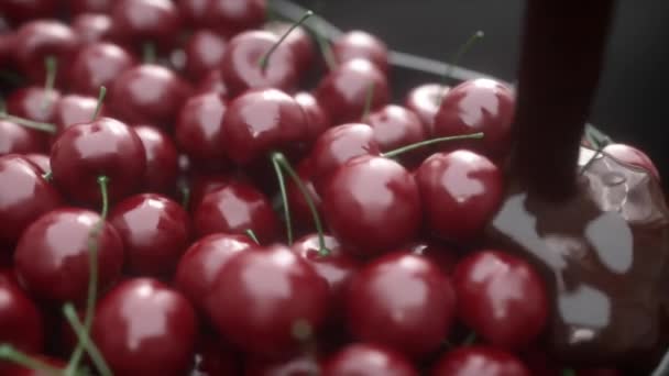 Ohromující realistické animace nalitím tekuté čokolády na cherrychocolate na cherry v pomalém pohybu — Stock video