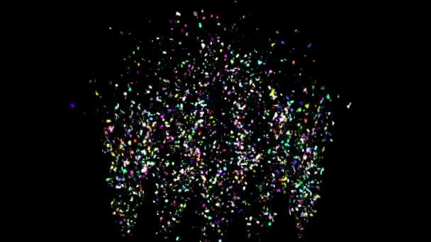 Veelkleurige Confetti Party Popper explosies op een zwarte en groene achtergrond. 3D animatie van de lus, 4k. — Stockvideo