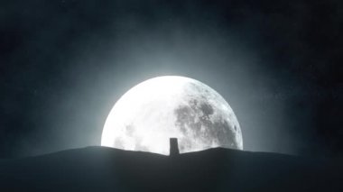 Zaman atlamalı filizlenen bir ağacın bir dolunay ve etrafında dönen bir evren arka planı