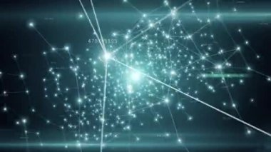 Büyüyen küresel ağ ve veri bağlantılarını teknoloji uzayda uçan. Bir teknoloji, iletişim ya da sosyal medya geçmişi için kullanabilirsiniz. Mavi renk. Sorunsuz döngü 3d animasyon. 4k