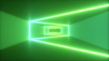Soyut uçan fütüristik koridor, sorunsuz döngü 4 k arka plan, floresan ultraviyole ışık, parlak renkli lazer neon çizgiler, geometrik sonsuz tünel, yeşil spektrum, 3d render