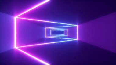 Uçan fütüristik koridor, sorunsuz döngü 4 k arka plan, parlak renkli lazer neon florasan ultraviyole ışık soyut hat, geometrik sonsuz tünel, mavi pembe spektrum, 3d render