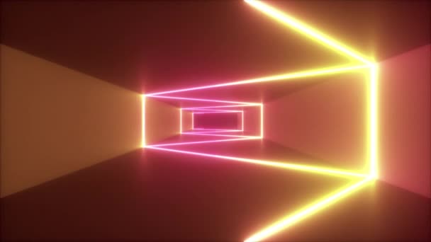 Abstrato voando em corredor futurista, fundo sem costura loop 4k, luz ultravioleta fluorescente, linhas de néon laser coloridas brilhantes, túnel infinito geométrico, espectro rosa amarelo, renderização 3d — Vídeo de Stock