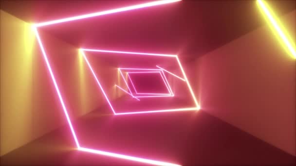 Abstrato voando em corredor futurista, fundo sem costura loop 4k, luz ultravioleta fluorescente, linhas de néon laser coloridas brilhantes, túnel infinito geométrico, espectro rosa amarelo, renderização 3d — Vídeo de Stock