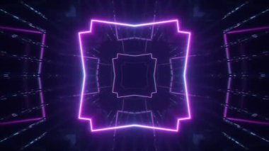 Uçan fütüristik koridor, sorunsuz döngü 4 k arka plan, parlak renkli lazer neon florasan ultraviyole ışık soyut hat, geometrik sonsuz tünel, mavi pembe spektrum, 3d render