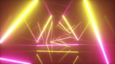 Üçgenler, sorunsuz döngü 4 k arka plan, floresan ultraviyole ışık, renkli lazer neon çizgiler, geometrik sonsuz tünel, Sarı Pembe spektrum, 3d render ile fütüristik koridorda uçan soyut