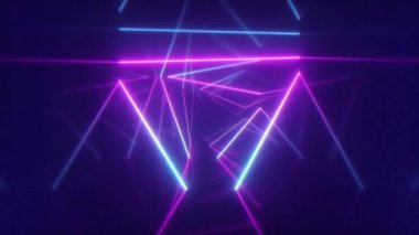 Üçgenler, sorunsuz döngü 4 k arka plan, floresan ultraviyole ışık, renkli lazer neon çizgiler, geometrik sonsuz tünel, mavi pembe spektrum, 3d render ile fütüristik koridorda uçan soyut