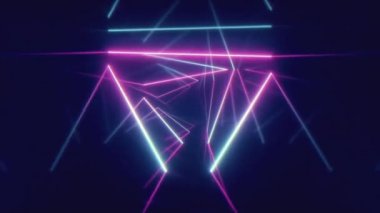 Üçgenler, sorunsuz döngü 4 k arka plan, floresan ultraviyole ışık, renkli lazer neon çizgiler, geometrik sonsuz tünel, mavi pembe spektrum, 3d render ile fütüristik koridorda uçan soyut